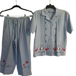 VGUC Vintage June Ashley 2 Pc Summer Outfit Cropped Pants 100% Cotton Size PM